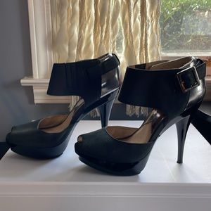 Michael Kors black silver metallic ankle peep toe high heels